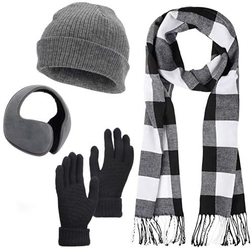 Cosweet Winter Buffalo Plaid Hat Scarf and Gloves Set for Men Women Gifts