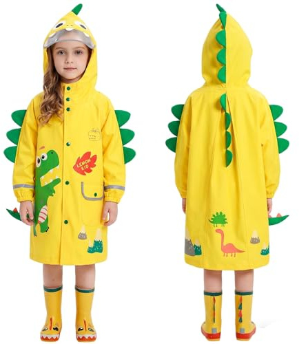 JinBei Impermeabile Bambini Poncho Pioggia con Cappello a Tesa Trasparente Strisce Riflettenti Ragazzi Giacche con Tasca Bottoni Cerniera Raincoat Stampa Dinosauro Giallo 4-6 Anni
