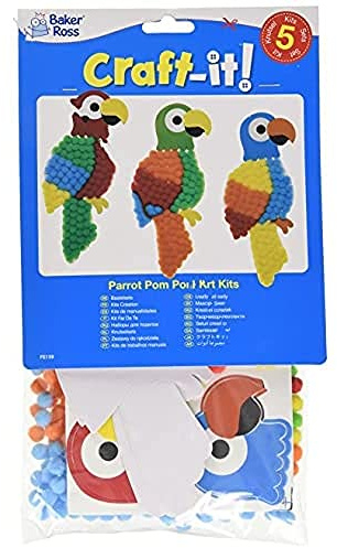 Baker Ross FE159 Parrot Craft Pom Pom Art Kit - Pack of 5, Self Adhesive Card with Coloured Pompoms Crafts