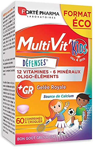 Forté Pharma - Multivit'Kids - Complément Alimentaire Forme - Tonus - Enfant 4 ans - 12 Vitamines, 7 Minéraux enfant - Gelee royale, Calcium, Vitamine C, Fer - 60 comprimés à croquer, 1/jour