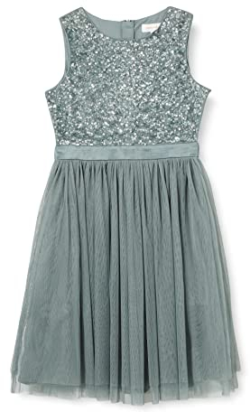 Maya Deluxe Mädchen Paillettenverziertes Hochzeit Und Geburtstag Festlich Mit Bandschleife Brautjungfernkleid Kleid, Misty Green, 9-10 Jahre EU