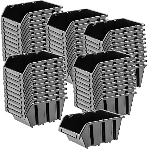 KADAX Scatole portaoggetti da parete, scatole impilabili in plastica per organizzare i tuoi strumenti, contenitori per beccuccio per garage (confezione da 50: nero, 155 x 100 mm)