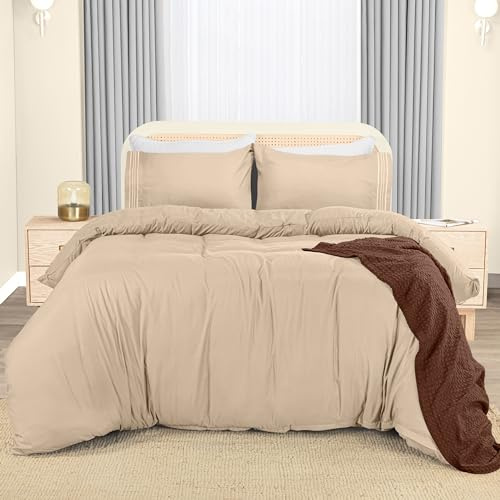 Utopia Bedding Funda Nordica Cama 105 - Microfibra Juego de Funda de Edredon 200x200 cm y 2 Bordado Fundas de Almohada 50x75 cm (Beige)