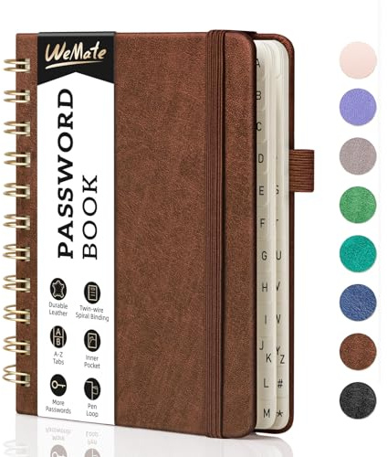 WEMATE Password Book with Alphabetical Tabs, Small 4.7x6 in - Brown