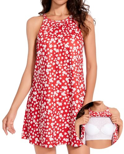 ANYFITTING Vestido de Verano para Mujer con Sujetador Incorporado Vestido sin Mangas Elegante Vestido Tipo Halter Vestido Línea A Mini Vestido XL