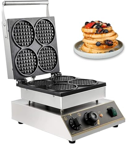 DXDRT Gofrera Redonda Comercial 4 Piezas, 1750W Plancha De Gofres Belgas Antiadherente, Profesional Eléctrica Waffle Maker para Restaurantes,Hoteles,Cafeterías,Bares,Familia