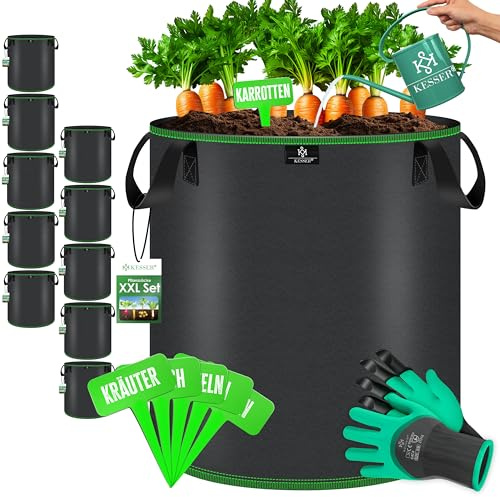 KESSER® Lot de 10 Sac de Plantation 20 litres | Sacs de Plantation en Tissu Non Tissé avec Etiquettes Nominatives | Sac de Plantation de Pommes de Terre avec Fenêtre & Poignées | Noir