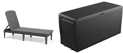 Keter Lettino Prendi Sole Da Esterno Con Cuscino Incluso, Grafite, Jaipur Con Cuscino, 187.5 x 58 x 29 cm & Baule Samoa 270L, Finitura Effetto Legno, Grafite, 116,7 x 44,7 x 57 H Cm