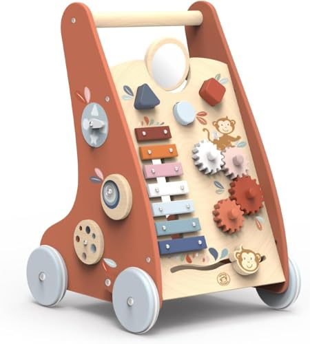 Speedy Monkey - Trotteur Bébé en Bois Multifonction - Chariot de Marche avec Activités - Xylophone, Formes, Engrenages - Roues Antidérapantes avec Frein - Jouet Éducatif Développement Moteur