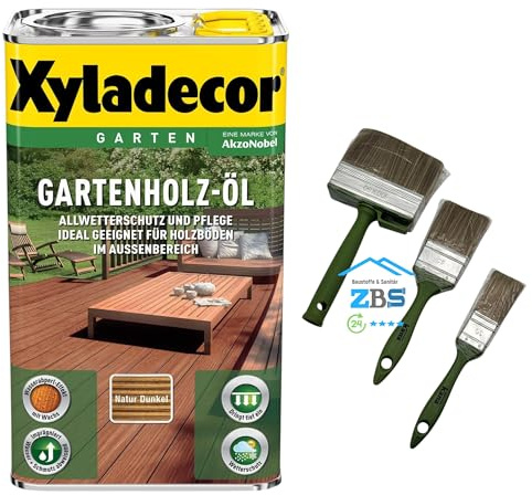 zbs24 Xyladecor Gartenholz Öl dunkel 2,5 Liter, für Terrassendielen und Möbel, exellenter Wetter-und UV-Schutz, Schützt und Pflegt Hölzer im Aussenbereich inkl. 3 teiligem Pinselset