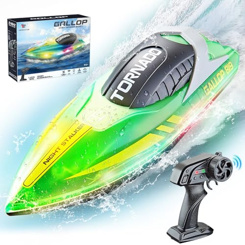 JONRRYIN Barca Telecomandata per Bambini, Impermeabile Barca RC con Luce LED, 2,4 GHz Motoscafo Elettrico per Piscine e Laghi per Bambini Adulti