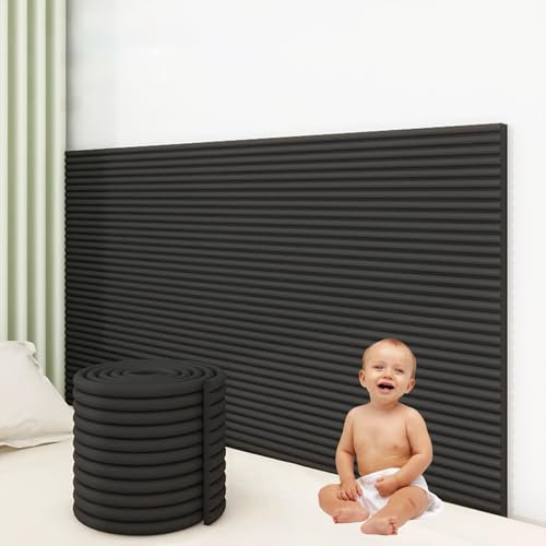 Coussin Mural Panneau Tete de Lit à Coller 200 cm, Panneaux Muraux Rembourrés, 3D Panneau Mural Decoratif pour Chambre D'enfant/Mur TV, Mousse de Protection, Isolation/Acoustique(Noir,20 x 200 cm)
