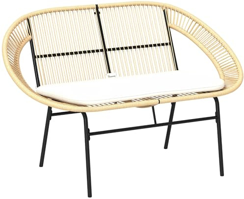 Outsunny Banc de Jardin 2 Places Style Acapulco, Banc Extérieur en Acier avec Dossier et Coussin, Banquette de Jardin pour Balcon Terrasse Patio, 126 x 72 x 83 cm, Kaki