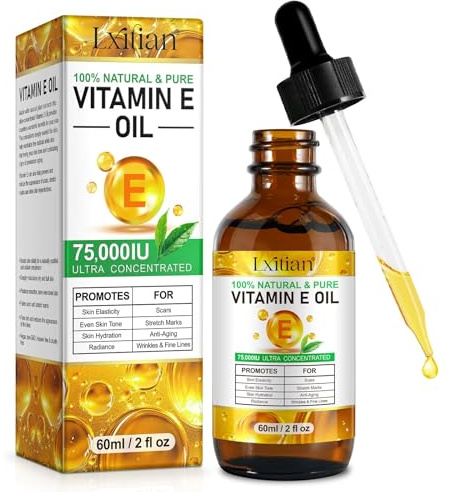 Huile de Vitamine E 75 000 UI 60ml, 100% Pure Huile de Vitamine E Bio pour la Peau, le Visage & les Cheveux, Huile Vitamine E pour les Cicatrices, Vergetures & Rides, Sans OGM (1 Flacon, 60ml)