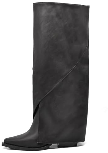 IF Stivali Donna con gambale rovesciato Ghetta Integrata e Punta Squadrata Gambale Alto Asimmetrico con Tacco Nascosto 2701-1 Nero N.38