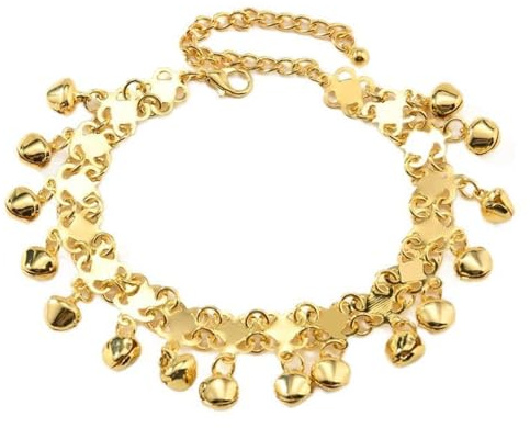 Bracciale alla caviglia Jingle Bell Bohemian donna catena a piedi nudi regolabile con campanelle con nappine dorate all'oro, perline vintage stile indiano Gitano, gioiello da spiaggia elegante per