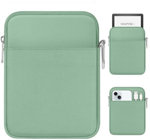 MoKo Padded Ereader Sleeve Case for 6-7 inch Tablet Sleeve Bag Protective Cover Pouch with a Carabiner, Compatible with 7 eReader Colorsoft Signature Edition/Paperwhite 12th Gen. 2024, Dark Green