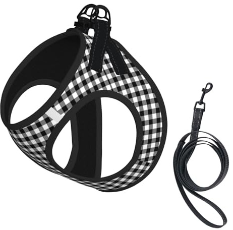 Arnés y Correa antitirones para Perros pequeños, diseño de Cuadros Vichy en Blanco y Negro. Chaleco Reflectante Ajustable. Arnés de Malla Transpirable para Cachorros, Ideal para Caminar y Hacer Send