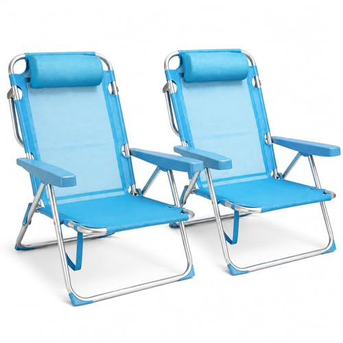 TIENDA EURASIA Pack 2 Sillas de Playa Plegables, Reclinables con 4 Posiciones, Refuerzo Antivuelco en Patas, Reposacabezas, Textileno, Azul Turquesa, 48x62x85 cm