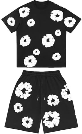 Ensemble 2 Pièces Homme T-Shirt et Short d'Été, Ensemble Jogging Décontracté avec Poches, Imprimé Fleuri Y2K Hip Hop Streetwear pour Sport et Loisir