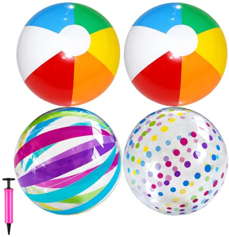 XLTXWD 5 Pcs Beach Ball Set, Rainbow Polka Dot Inflatable Beach Ball with Air Pump, Transparent Colourful Inflatable Balls for Beach Pool Party Decor Summer Outdoor Activities