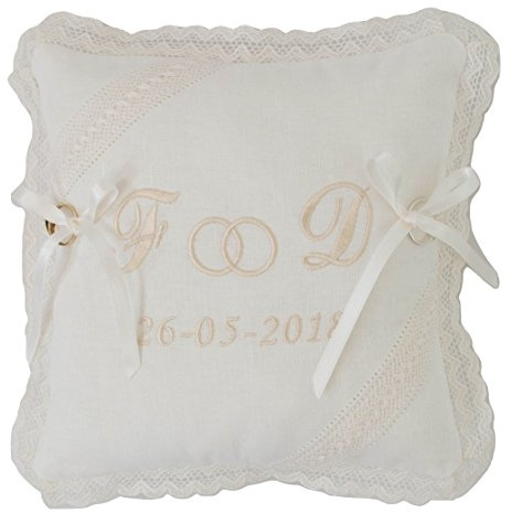 Borda y más Cojín o Almohada para Anillos, alianzas de Boda Bordado con Las Iniciales de los Novios y Fecha DE LA Boda. Fabricado en España