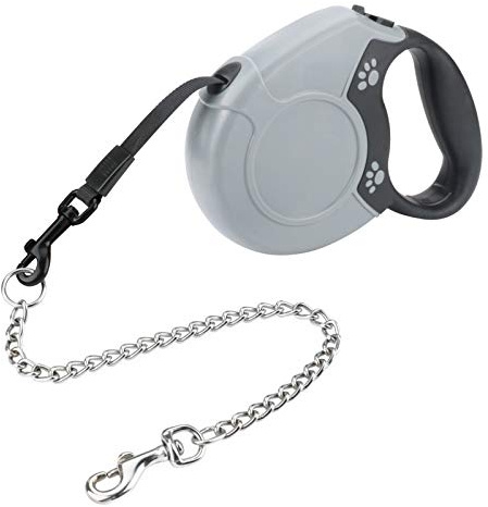 Idepet Correa retráctil para Perros de Alta Resistencia para Perros Pequeños y medianos, diseño de Cadena de Acero Anti-masticación, 360 ° sin enredos, Sistema de Bloqueo Gris