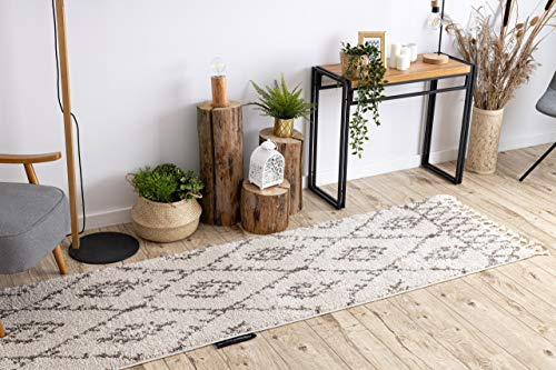 rugsx Läufer, Teppich Berber Shaggy, Franse, marokkanischer Stil, für die Küche, Halle, Korridor, FEZ Sahne Creme Ecru 80x300 cm
