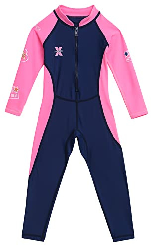 IMEKIS Traje de baño de manga larga para niños y niñas, traje de baño de una pieza, traje de baño de cuerpo completo, protección UV, UPF 50+, azul oscuro, 3-4 Años