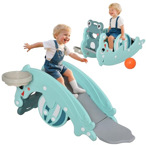 Qaba 3-in-1 Kids Portable Slide Rocking Horse Toy with Basketball Hoop for Age 1.5-3 Boys and Girls, Mint Green
