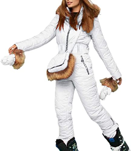 Schneeanzug Damen Einteilig Warm - Skianzug Damen Overall-Snowboardjacke Mit Fellkapuze Und Handschuhe Skioverall Wasserdicht-Schneeoverall 2022 Neu Mode Schneeanzug Einteiler Skibekleidung Skifahren