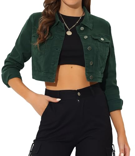 Allegra K Women's Casual Crop Button Down Basic Jean Denim Jacket Dark Green M
