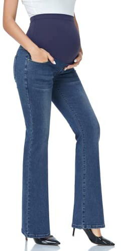 GLAMIX Women's Stretch Maternity Bootcut Jeans with Pockets Over The Belly Bell Bottoms Flare Denim Pants Pregnancy Clothes(Navy Blue, XL)