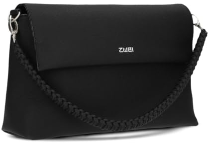 Damen Schultertasche Yuna YU60 Handtasche 3 Liter klassisch elegante Abendtasche mit Magnetklappe & Reißverschluss Schlüsselband kurzer geflochtener + langer Schultergurt Umhängetasche (nubuk-black)