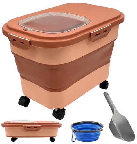 Kathson Dog Cat Food Storage 20lb Folding Dog Food Bin with Lid Wheels Airtight Pet Food Storage Container with Collapsible Pet Bowl & Measuring Scoop Dry Food Seed Rice Cereal Storage Bin