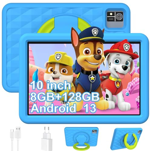 YUMBOT Barnsurfplatta, 10 barnsurfplatta med wifi Android 13, 8 GB RAM, 128 GB, ROM, surfplatta för barn 3, 6, 8 år, föräldrakontroll 6000 mAh, 1280 x 800 Netflix pekplattor, EVA-fodral,blå