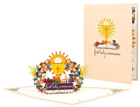 XuQiZZpp Tarjeta de Comunión 3D emergente con escultura de papel Primera Comunión con sobre Tarjeta de felicitación hecha a mano de papel para la familia