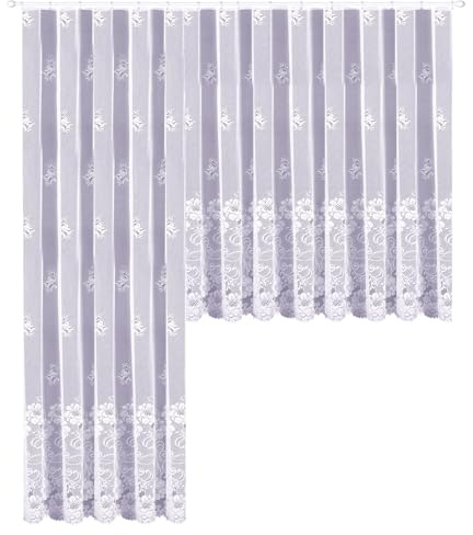 heimtexland Gardine Store weiß Jacquard halbtransparent Blumen Bordüre gebogt Kräuselband Vorhang Typ318 Langstore HxB 220 x 300 cm für Fensterbreite 90-130 cm