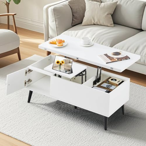 CLIPOP Couchtisch höhenverstellbarer,Doppelte Hubplatte,Versenkbarer Wohnzimmertisch, Kaffeetisch umwandelbar in Esstisch, Beistelltisch mit Verstecktem Fach, Sofatisch aus Holz,Weiß
