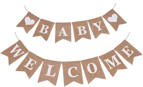SOFPLATE 2 Pieza 1 Juegos de Letreros de Bienvenida, Pancarta de Lino, Pancarta de Letras Blancas, Banderines Rústicos de Tela de 2.8mm, Carteles Colgantes con Signos de Nacimiento para Decoración de