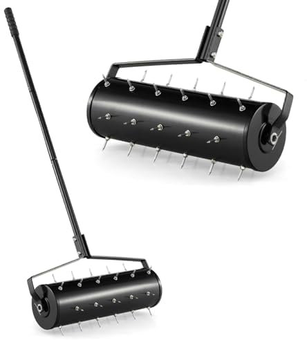 FANTASK Aireador de césped Manual de 53 x 130 cm, Rodillo de césped con Mango y Clavos, rociador de Mano, Rodillo de jardín, Color Negro