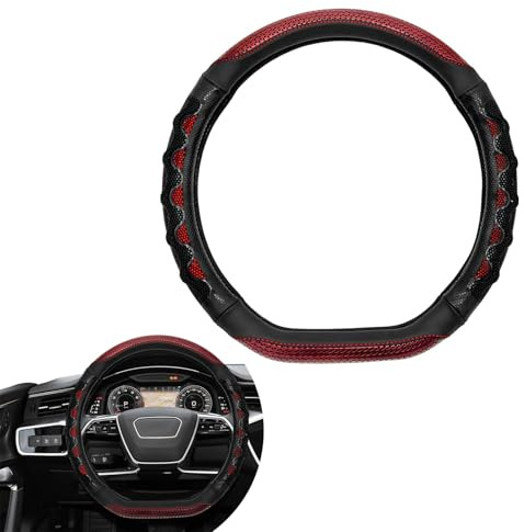 SLIMI 1 PC D-shape Steering Wheel Cover, Leather Breathable Wheel Wrap Protector with 3D Honeycomb, 15 Inch Anti-slip Steering Decorating Cover, Universal for Most Cars, Trucks, SUVs (Red)