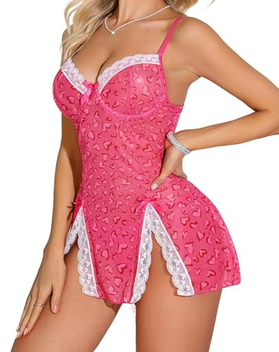 Aranmei Lencería sexy, babydoll de encaje, ropa de dormir con cuello en V, vestido de noche para el día de San Valentín para mujer