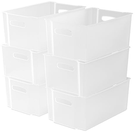 Lesbye Set of 6 Plastic Stackable Fridge Storage Baskets, Freezer Bin Organiser, Matte Transparent