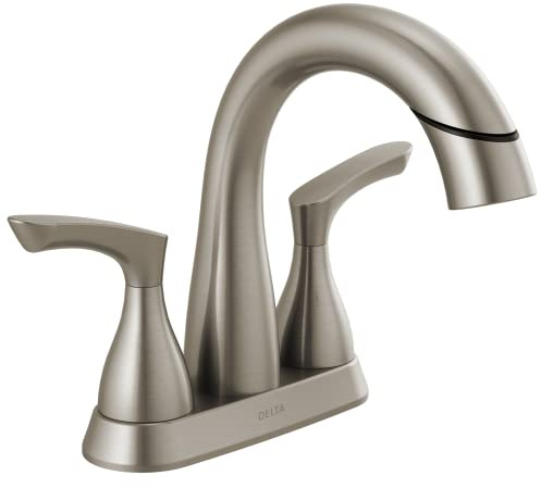 Delta Broadmoor Centerset Brushed Nickel Bathroom Faucet with Sprayer, 4 Inch 3 Hole Bathroom Sink Faucet with Pull Out Sprayer, Push-Pop Drain, Stainless 25765LF-SSPD