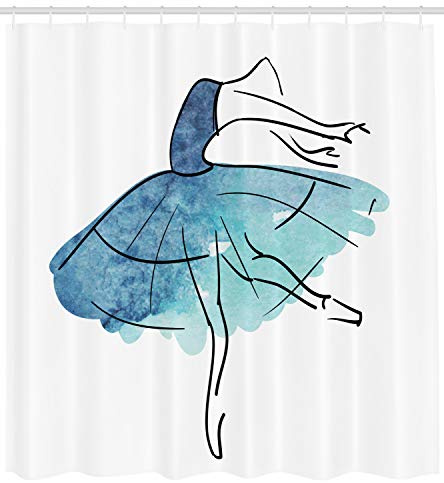 Ambesonne Ballet Shower Curtain, Ballerina Dancer Figure Watercolor Tutu in Blue Shades Classical Arts, Cloth Fabric Bathroom Decor Set with Hooks, 105 Inches Extra Wide, Seafoam Dark Blue Black