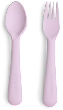 Mushie Set Forchetta e Cucchiaio per Bambini | Set di Posate Riutilizzabili per la Cena | Lavabili in Lavastoviglie e adatti al Microonde | Facili da Impugnare | Fabbricato in Danimarca | Soft Lilac