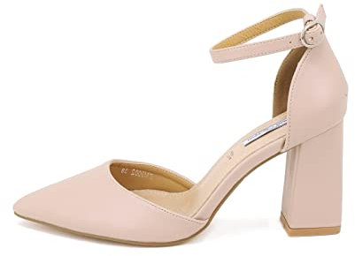 QUEEN HELENA Damen Pumps mit Riemchen Mittelhoher Absatz Geschlossene Spitze Bequem Elegant Leicht Casual ZM9002 Nude 37