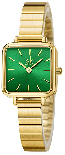 SK Mode Damenuhren Minimalistische Einfachheit Quadratische Damenuhren (Green-Gold)