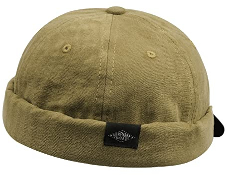 Clakllie Brimless Hats for Men Skullcap Vintage Docker Beanie Cap Rolled Cuff Harbour Hat Visor-Less Cap Sailor Hats,CT84-Khaki
